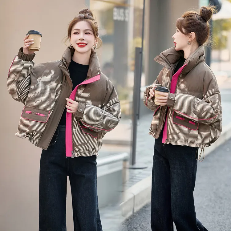 时尚撞色条纹短款羽绒服女2024年冬季新款设计感小个子白鸭绒外套