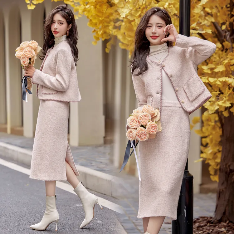 法式小香风羊毛呢套装女2025春秋新款甜美气质千金风半身裙两件套