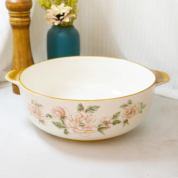 山茶花10.5英寸双耳陶瓷大汤碗