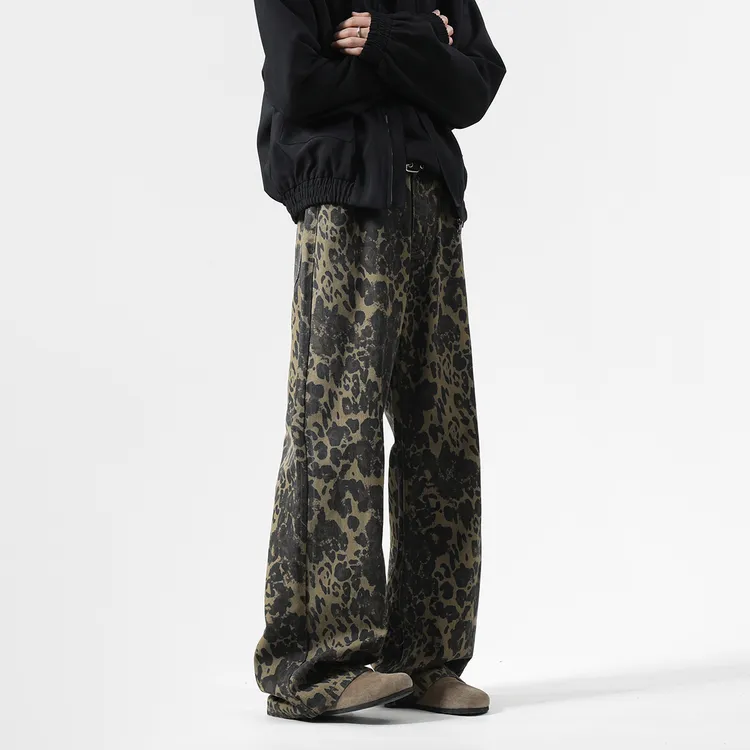 欧美高街牛仔裤男2025春季新款美式豹纹宽松直筒裤帅气简约阔腿裤