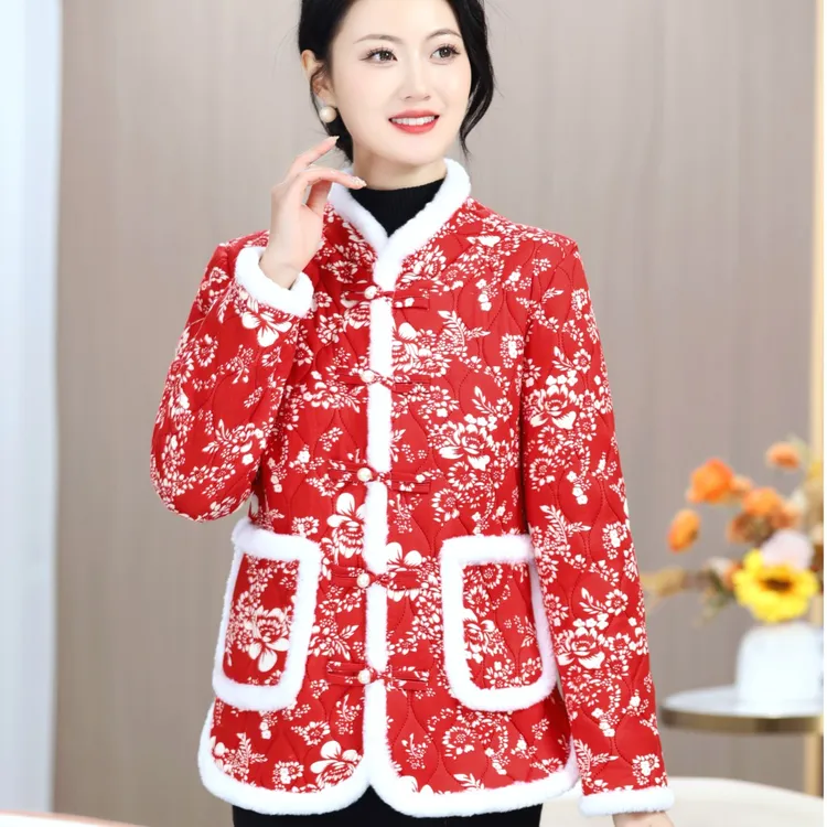新款网红复古加绒保暖冬款中国风妈妈装花棉衣中年女花棉袄民族风