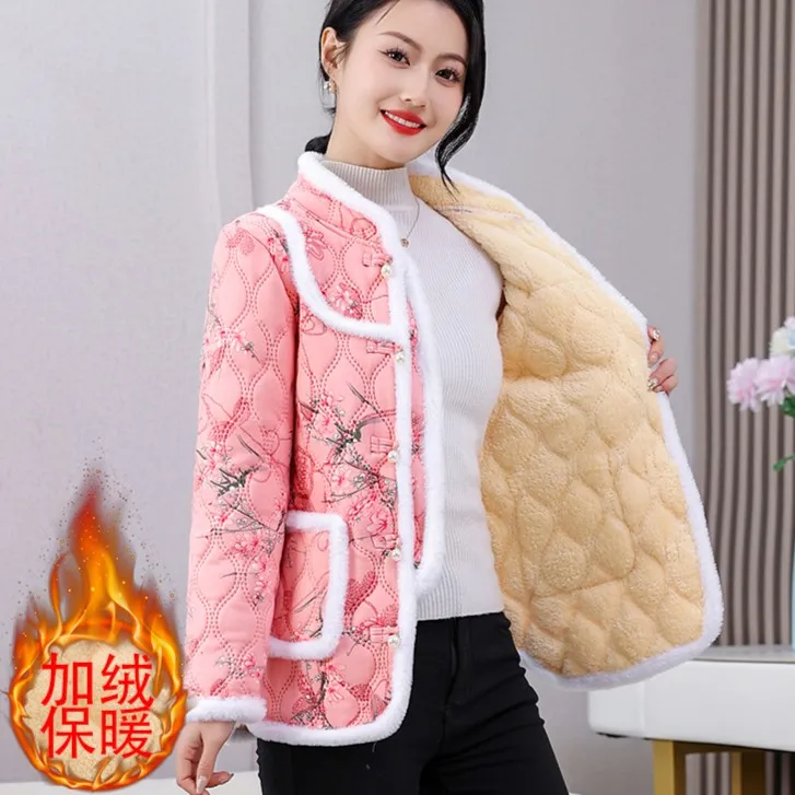 新款妈妈秋冬加绒外套洋气花袄棉衣中年保暖立领国风女棉服加厚款