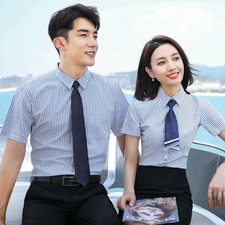 商务短袖条纹衬衣女商务正装职业修身衬衫男气质服务员工作服夏季