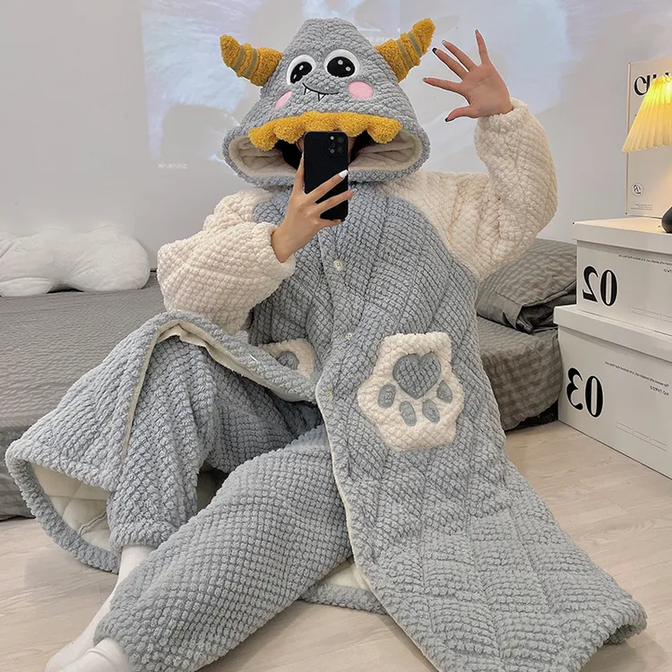 法兰绒珊瑚绒睡袍女冬加厚加绒三层夹棉2024新款睡衣家居服两件套