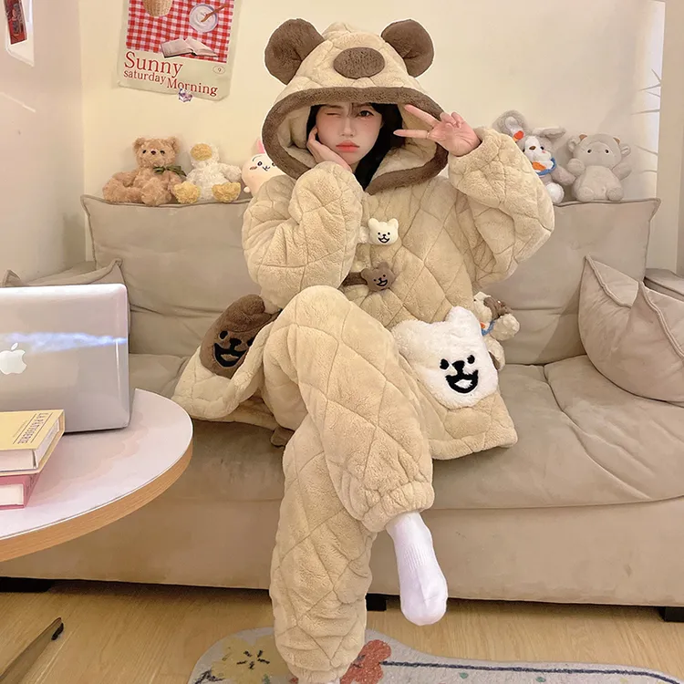 睡衣女冬加厚加绒法兰绒三层夹棉2024年新款珊瑚绒大码家居服套装