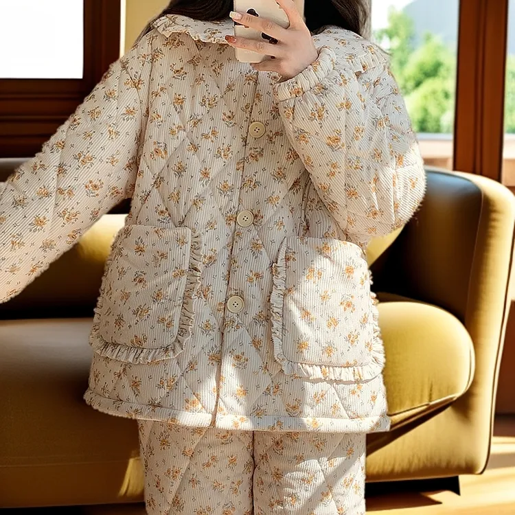 珊瑚绒睡衣女冬2024年新款大码法兰绒三层夹棉家居服加绒加厚套装