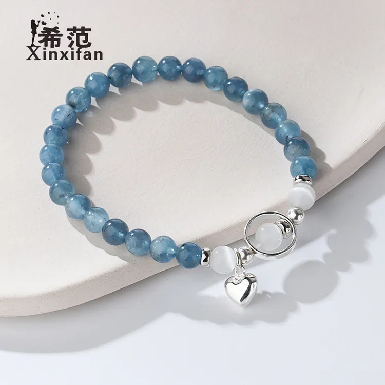 s925纯银天然海蓝宝手链女ins蓝色珠子串珠爱心白水晶手串女闺蜜
