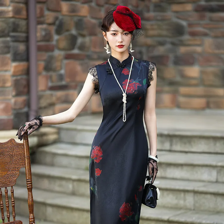 YS392旗袍2024夏新款女黑色无袖年轻新中式高端气质长款送考日常