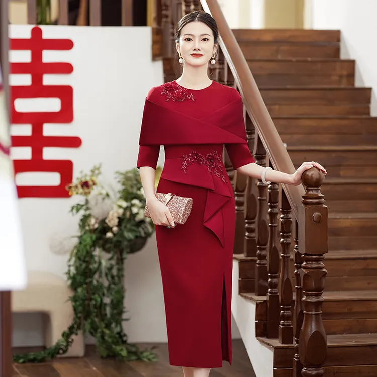 YS039改良版旗袍2024新款春季女装妈妈礼服喜婆婆礼服裙洋气红色