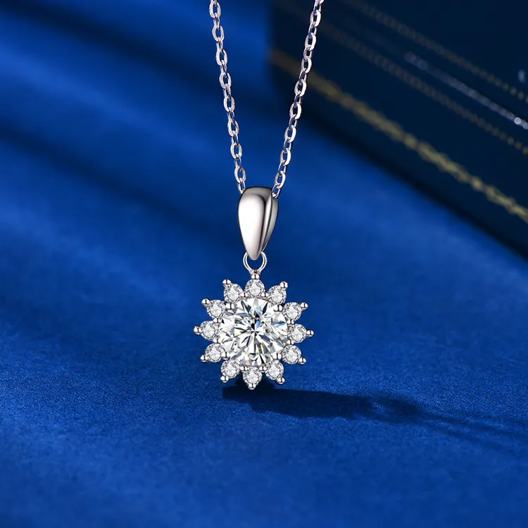 坠链均925银莫桑石 【经典系列】轻奢时尚百搭太阳花项链礼盒送女友