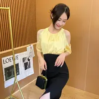 【暮景残光】<中秋国庆大狂欢>小个子高腰显瘦短袖露肩设计款连衣裙
