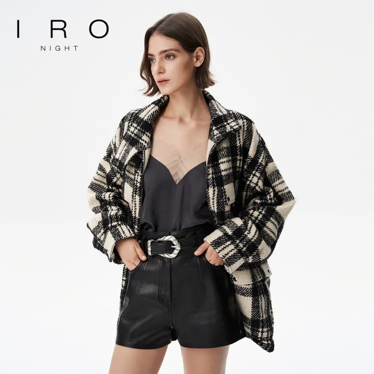 IRO Night 春秋款轻奢中长款格子衬衫式毛呢外套高级感