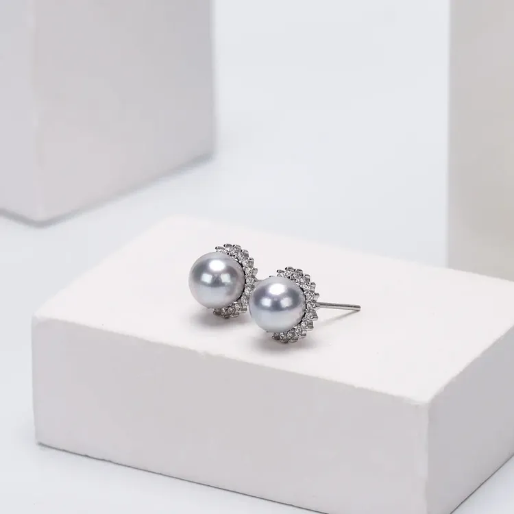 【晓荷】「真多麻」7mm左右AKOYA强光微瑕海水珍珠耳钉精工S925太阳花