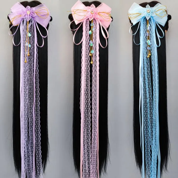 古风飘带蝴蝶结马尾假发女黑直发75厘米拆卸插梳式中国风汉服发夹