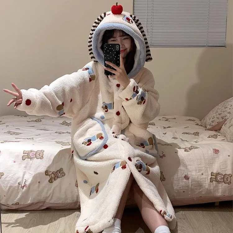 可爱少女腊肠狗珊瑚绒睡衣女冬季新款加绒加厚家居服大码睡袍冬天