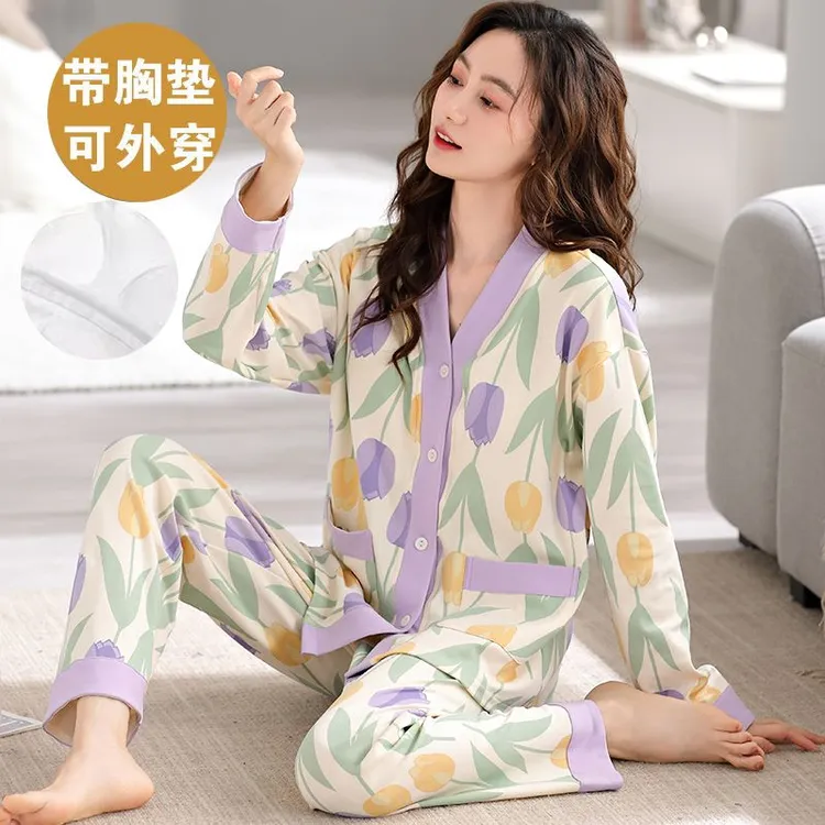 新款自带胸垫睡衣女士春秋和服款文艺风v领长袖可外穿宽松家居服