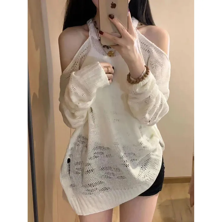 女2025春季新款纯欲辣妹破洞挂脖宽松镂空百搭显瘦遮肉针织上衣潮