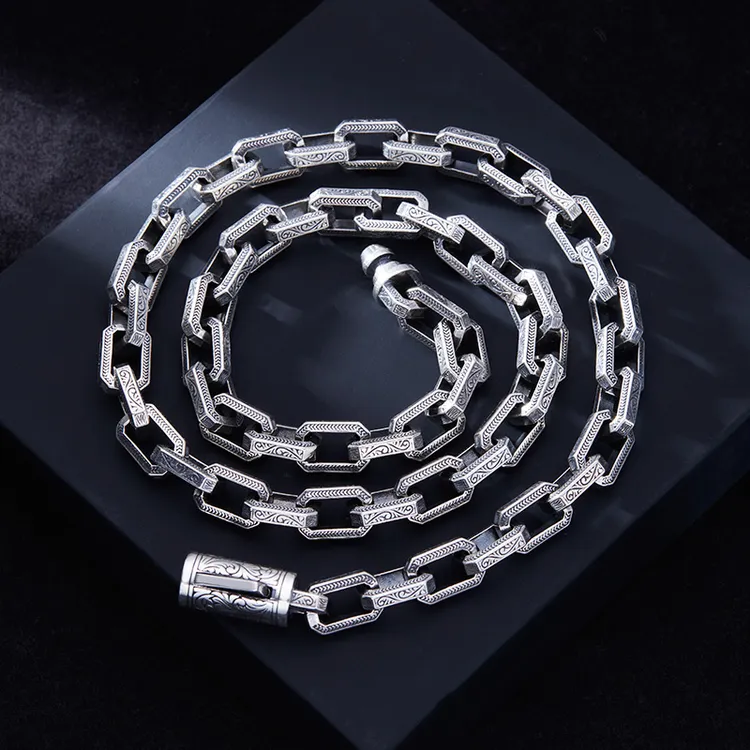 链子925银 男士时尚百搭潮流唐草纹项链个性男款复古粗款银链子男
