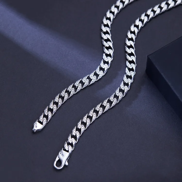 链子925银 古巴链男士时尚百搭简约项链个性潮流唐草纹锁骨银项链