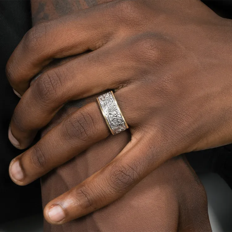 GRGR 925银戒指 男嘻哈复古小众设计唐草花纹戒指女同款开口可调