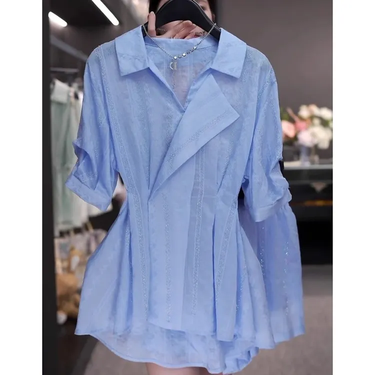 重工烫钻小众设计衬衫套装2025夏季新款收腰显瘦肌理感时尚两件套