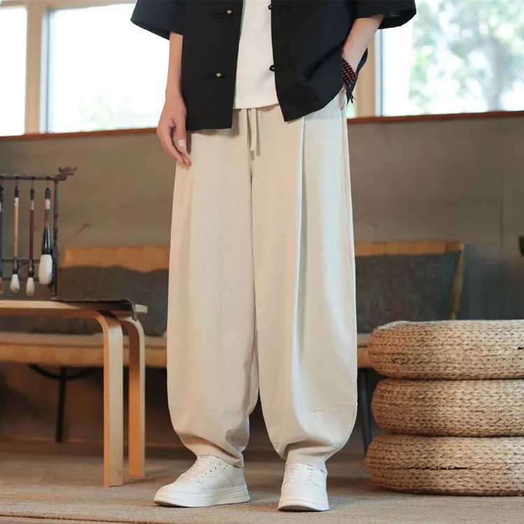 中国风裤子棉麻胖子大码哈伦春秋复古潮流宽松休闲宽松阔腿裤男