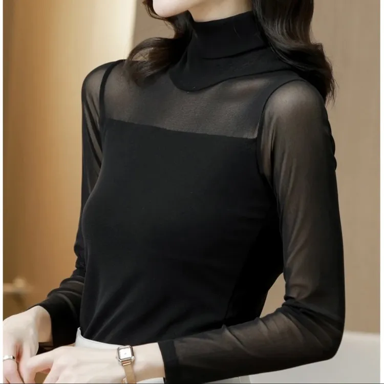 朱总原创设计圆领高领黑色网纱罩衫透明纱衣时尚百搭