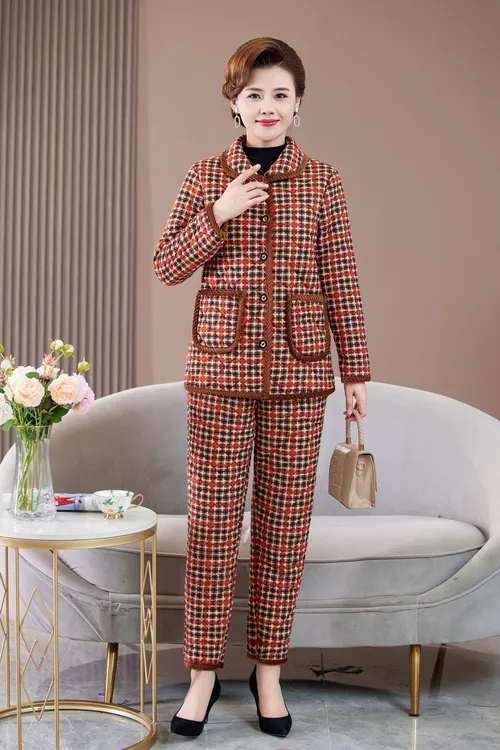 中老年妈妈装冬季加绒加厚款棉衣套装洋气时尚保暖加绒套装棉袄