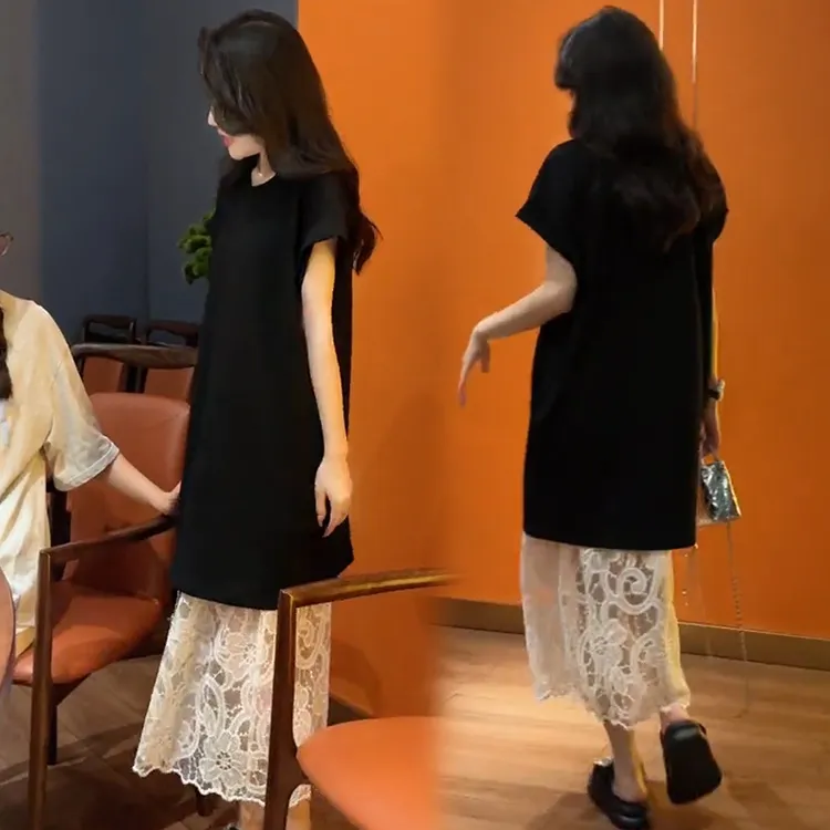 2024夏季新款宽松显瘦中长款T恤裙时尚减龄高腰蕾丝半身裙9819