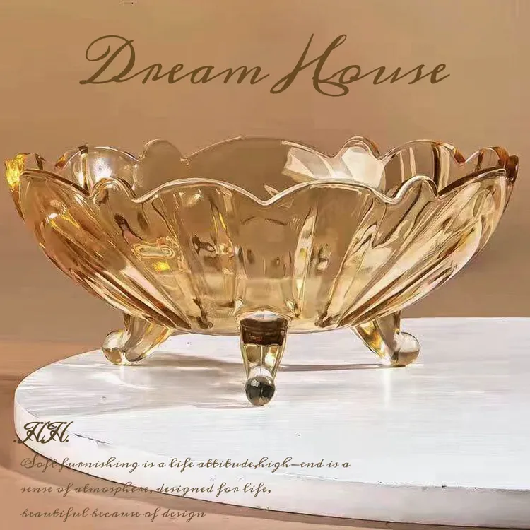 简约欧式玻璃水果盘琥珀三足果盘家用客厅创意糖果零食盘