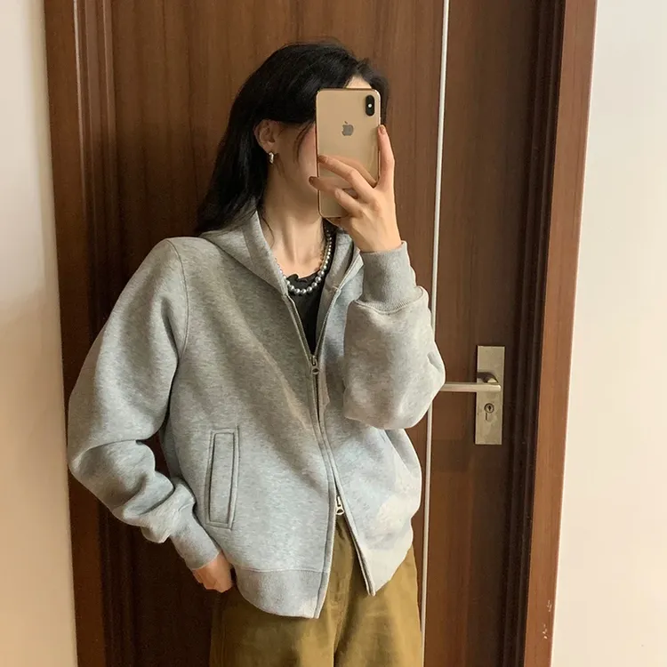 秋冬小个子短款浅灰纯色拉链开衫连帽卫衣基础百搭休闲上衣外套女