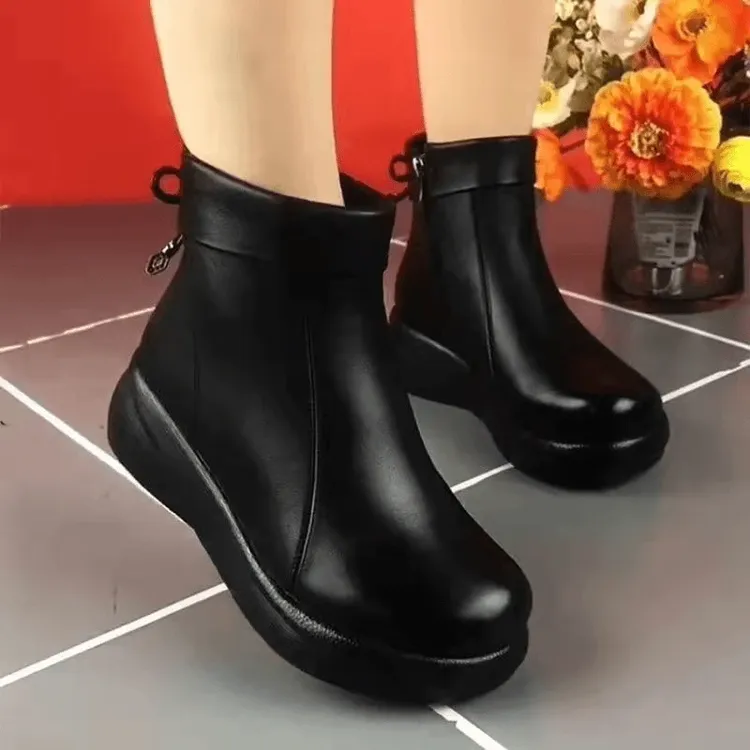 厚底松糕短靴女2025秋季年新款软皮马丁靴冬季加绒女靴妈妈鞋