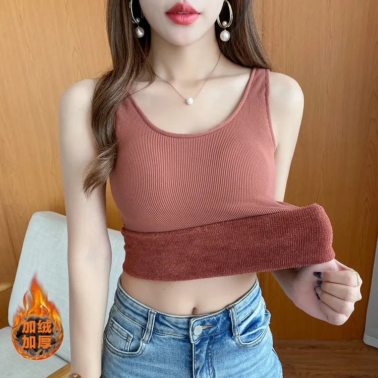 秋冬保暖背心女加绒加厚毛圈发热一体绒内搭带胸垫吊带保暖上衣女