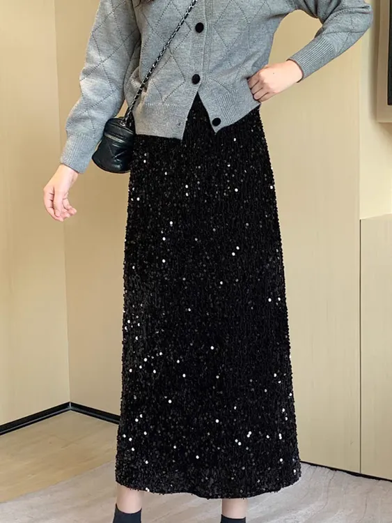 丝绒黑色亮片半身裙女秋冬款2024新款亮闪闪后开叉高腰包臀长裙子