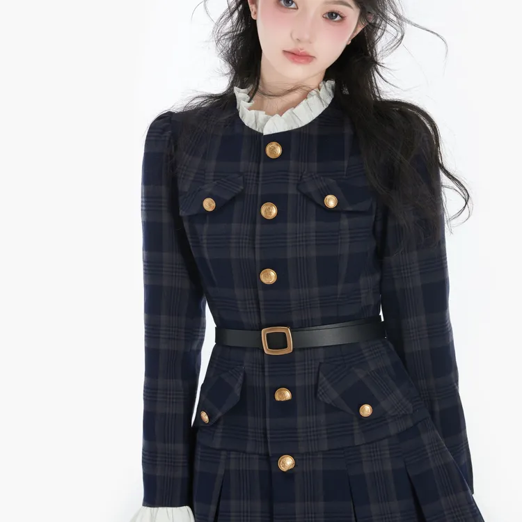 米兰少女/法式气质少女拼接连衣裙外套复古格纹格子西装套装排扣