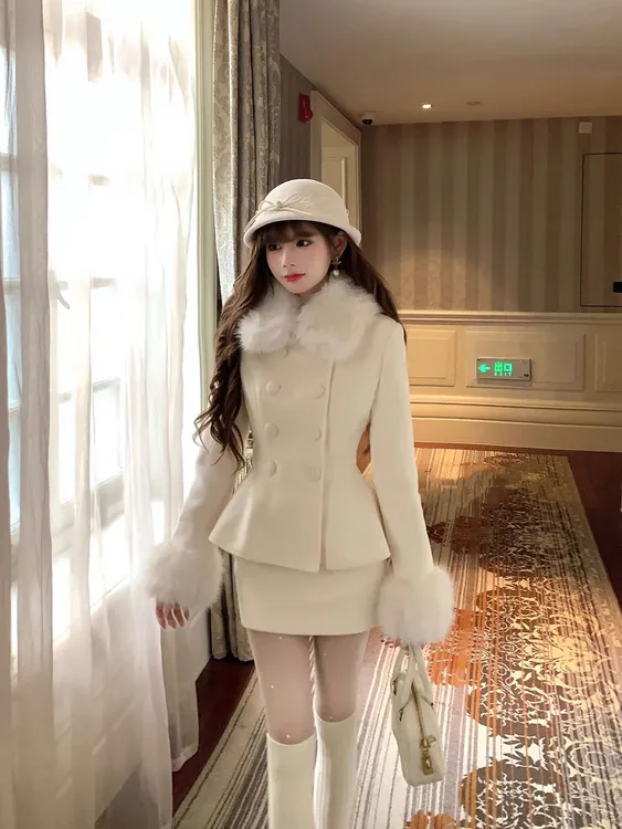 财阀千金"双色毛领高级感重工收腰毛呢外套半裙套装