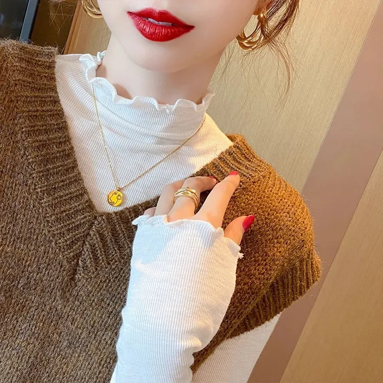 白色打底衫女春秋薄2025秋装新款修身t恤木耳边秋冬内搭长袖上衣