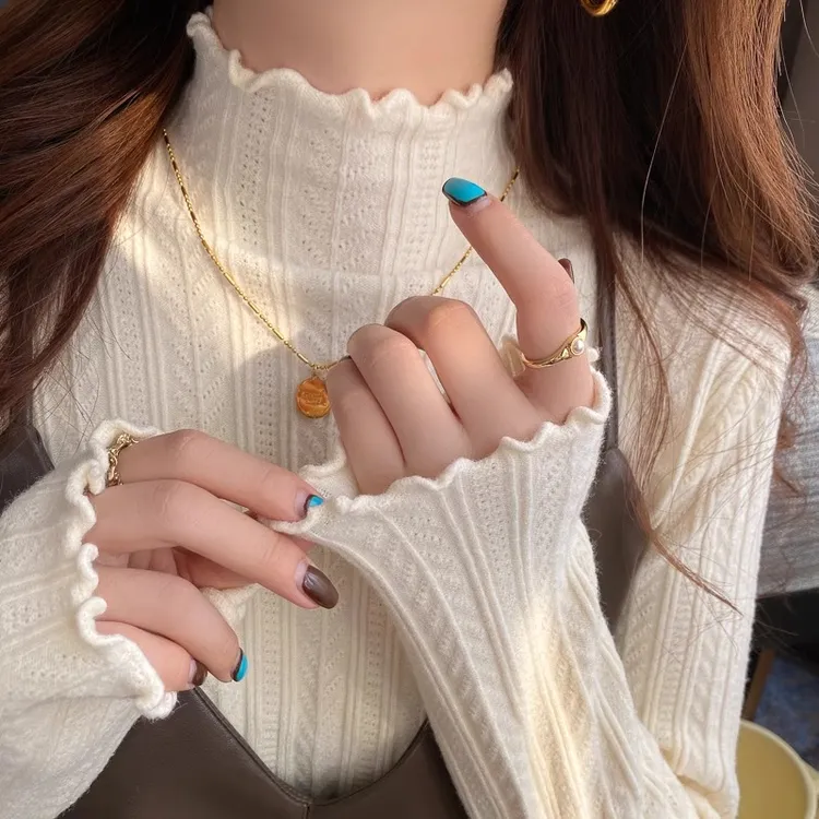 白色打底衫女秋冬季内搭2025新款半高领木耳边针织中领高级感毛衣