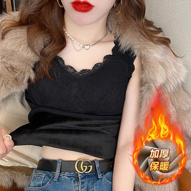 蕾丝吊带背心女内搭带胸垫新款2025爆款冬季加绒加厚保暖打底上衣