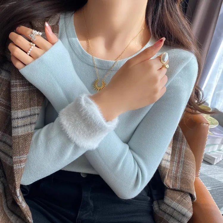 蓝色低圆领加绒加厚打底衫女装秋冬内搭2025新款毛衣修身针织上衣