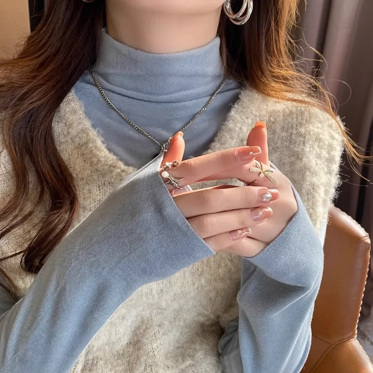 蓝色高领内搭打底衫女加绒保暖2025年新款德绒长袖修身高级感上衣