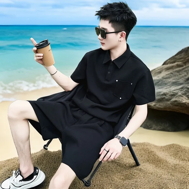 痞帅男士休闲运动套装夏季薄款翻领短袖宽松POLO衫搭配一套男男装