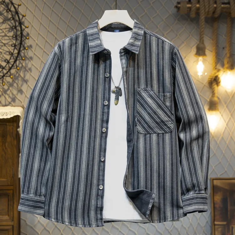2024春秋新款美式复古条纹衬衫男安可雷男装上衣服痞帅潮牌外套男