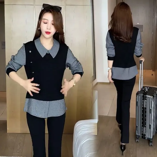 假两件套长袖衬衫女2025年秋季新款衬衣中长款显瘦时尚遮肚子上衣