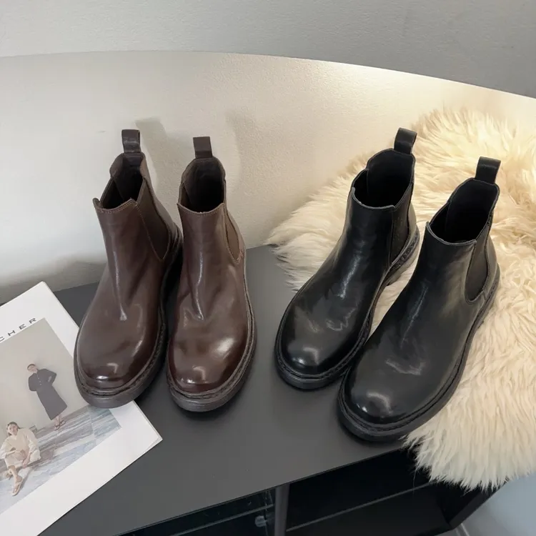 素陌秋冬新款英伦风切尔西短靴工装靴复古靴真皮圆头平底百搭036