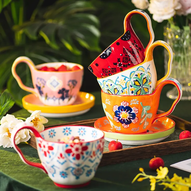 繁花曲把杯陶瓷水杯家用早餐杯马克杯茶杯杯子伴手礼情侣对杯个性
