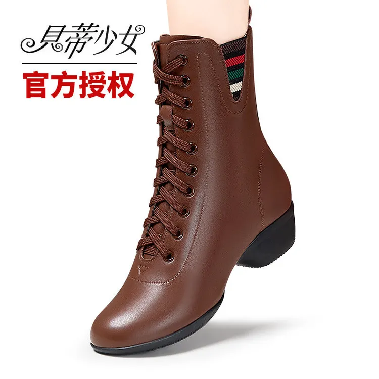 贝蒂少女舞蹈靴高帮女广场舞鞋真皮加厚水兵舞鞋靴子软底跳舞鞋