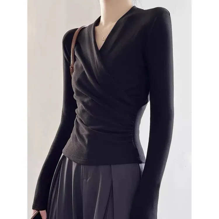 名媛交叉褶皱V领打底衫女内搭上衣春秋冬新款别致小众气质长袖T恤