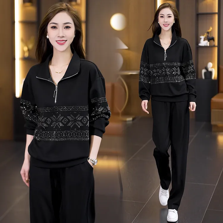 NSY 大码女装重工烫钻2025年春秋冬新款时尚套装显瘦减龄两件套女
