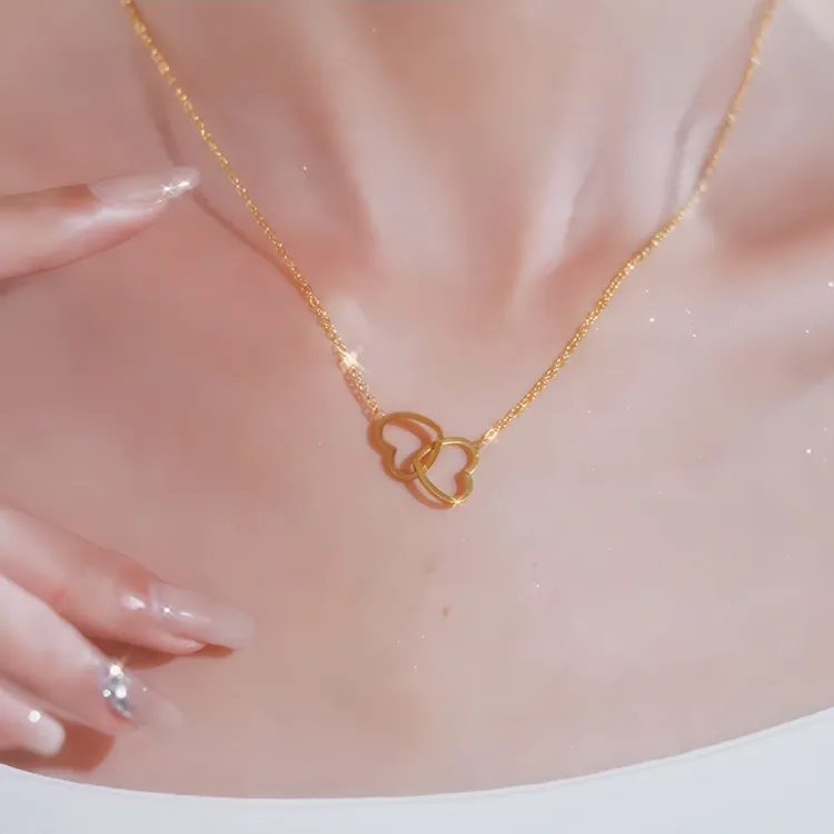 LINGSIV 钛钢项链 时尚百搭环环相扣双心项链气质心心相印锁骨链